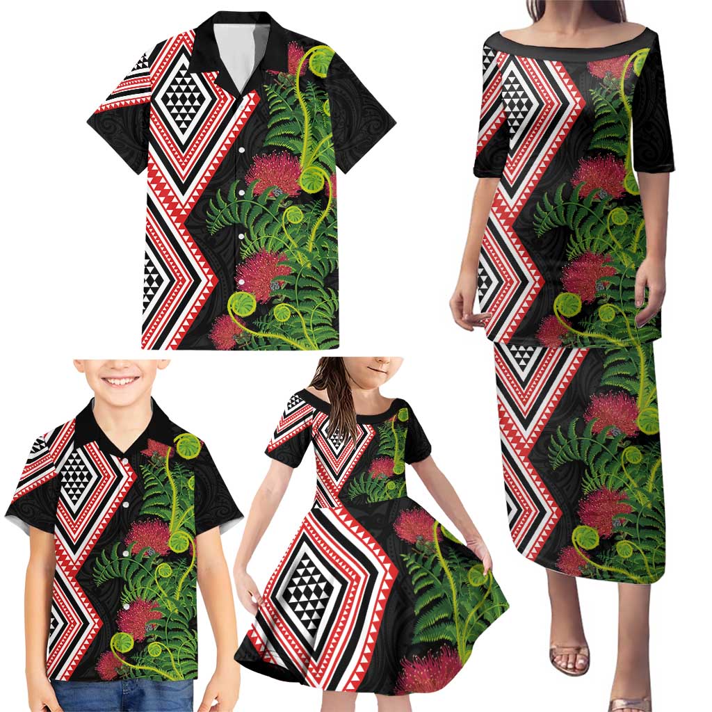 Aotearoa Tukutuku Motif Family Matching Puletasi and Hawaiian Shirt Pohutukawa and Fern Leaves LT03 - Polynesian Pride