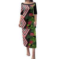 Aotearoa Tukutuku Motif Family Matching Puletasi and Hawaiian Shirt Pohutukawa and Fern Leaves LT03 Mom's Dress Black - Polynesian Pride