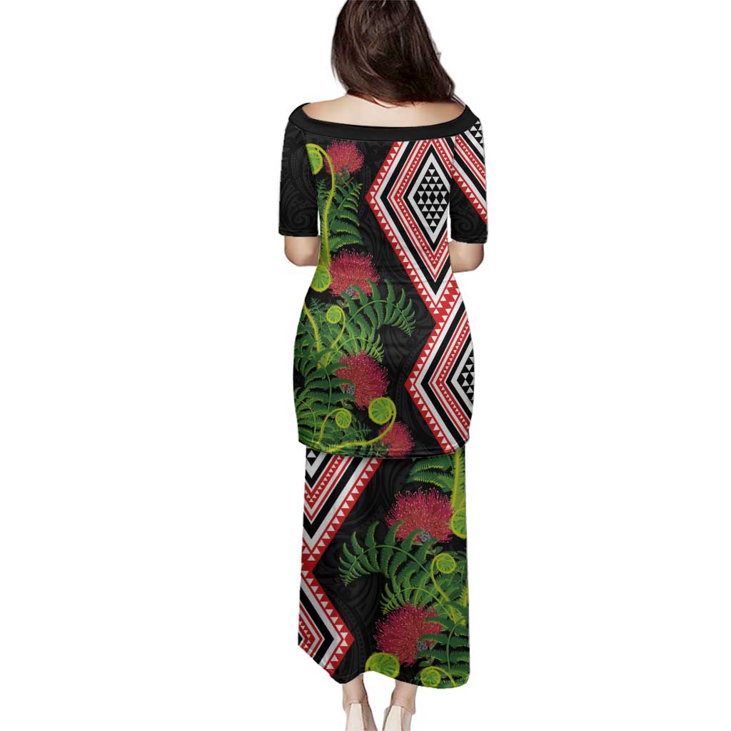 Aotearoa Tukutuku Motif Family Matching Puletasi and Hawaiian Shirt Pohutukawa and Fern Leaves LT03 - Polynesian Pride