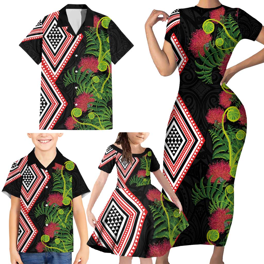 Aotearoa Tukutuku Motif Family Matching Short Sleeve Bodycon Dress and Hawaiian Shirt Pohutukawa and Fern Leaves LT03 - Polynesian Pride