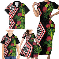 Aotearoa Tukutuku Motif Family Matching Short Sleeve Bodycon Dress and Hawaiian Shirt Pohutukawa and Fern Leaves LT03 - Polynesian Pride