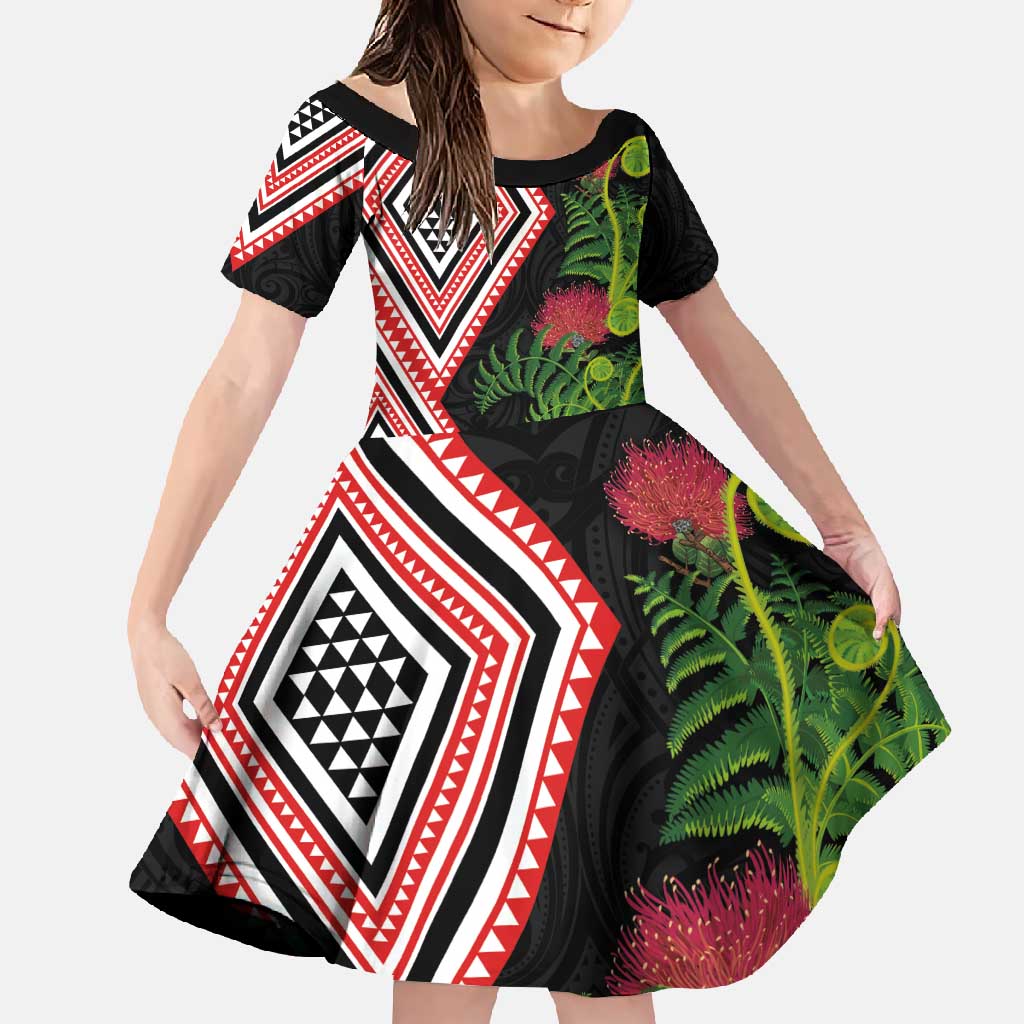 Aotearoa Tukutuku Motif Family Matching Summer Maxi Dress and Hawaiian Shirt Pohutukawa and Fern Leaves LT03 Daughter's Dress Black - Polynesian Pride