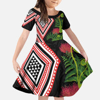Aotearoa Tukutuku Motif Family Matching Summer Maxi Dress and Hawaiian Shirt Pohutukawa and Fern Leaves LT03 Daughter's Dress Black - Polynesian Pride