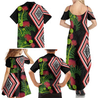 Aotearoa Tukutuku Motif Family Matching Summer Maxi Dress and Hawaiian Shirt Pohutukawa and Fern Leaves LT03 - Polynesian Pride