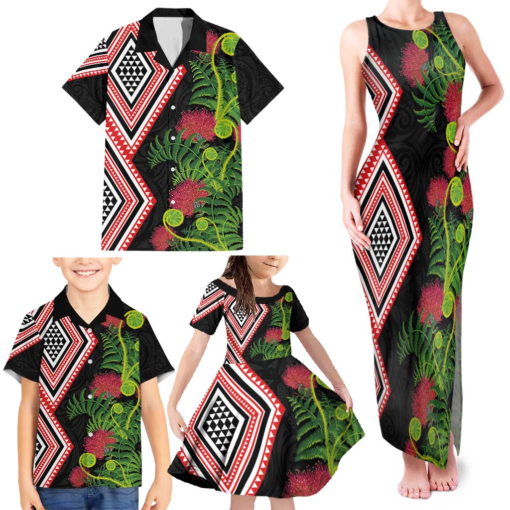 Aotearoa Tukutuku Motif Family Matching Tank Maxi Dress and Hawaiian Shirt Pohutukawa and Fern Leaves LT03 - Polynesian Pride