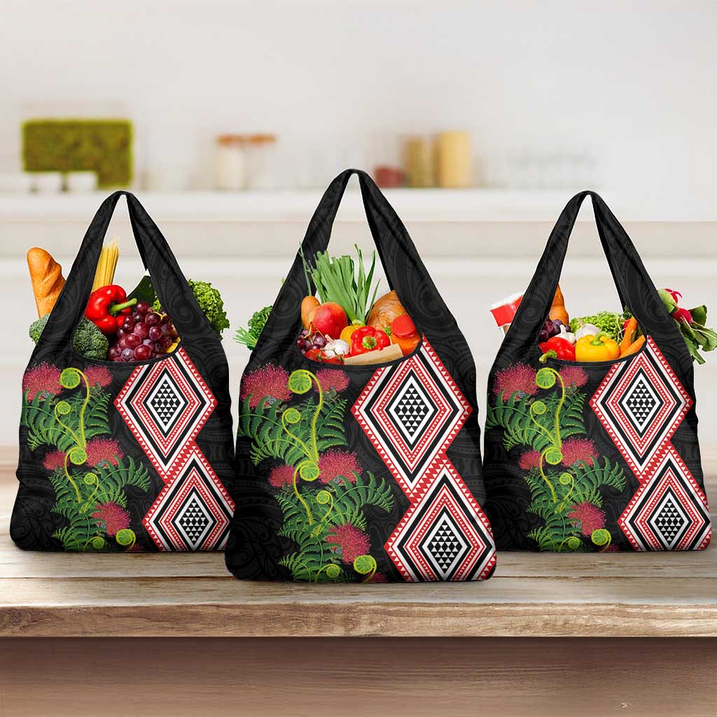 Aotearoa Tukutuku Motif Grocery Bag Pohutukawa and Fern Leaves LT03 3-pack One Size Black - Polynesian Pride