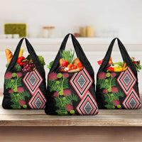 Aotearoa Tukutuku Motif Grocery Bag Pohutukawa and Fern Leaves LT03 3-pack One Size Black - Polynesian Pride