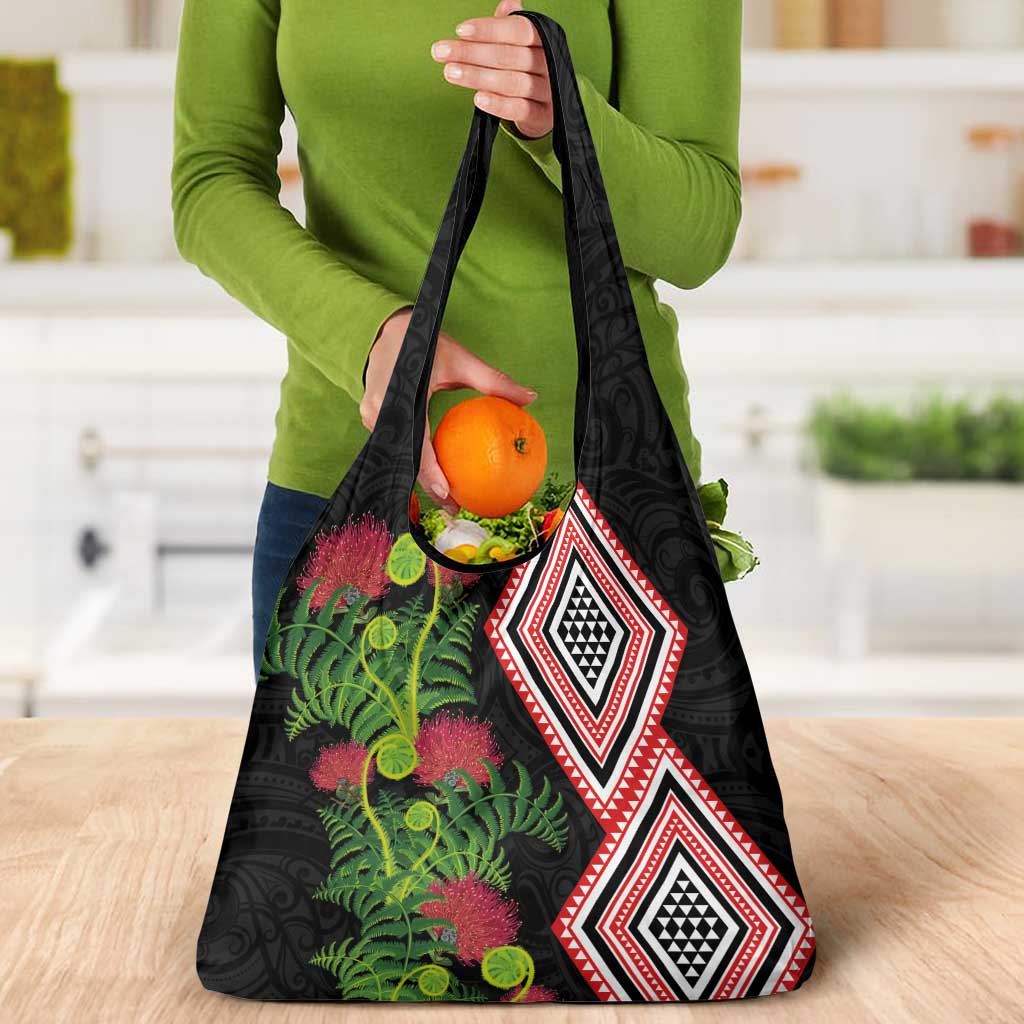 Aotearoa Tukutuku Motif Grocery Bag Pohutukawa and Fern Leaves LT03 - Polynesian Pride
