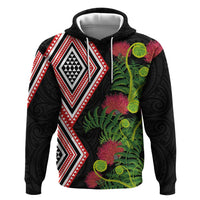 Aotearoa Tukutuku Motif Hoodie Pohutukawa and Fern Leaves LT03 Pullover Hoodie Black - Polynesian Pride