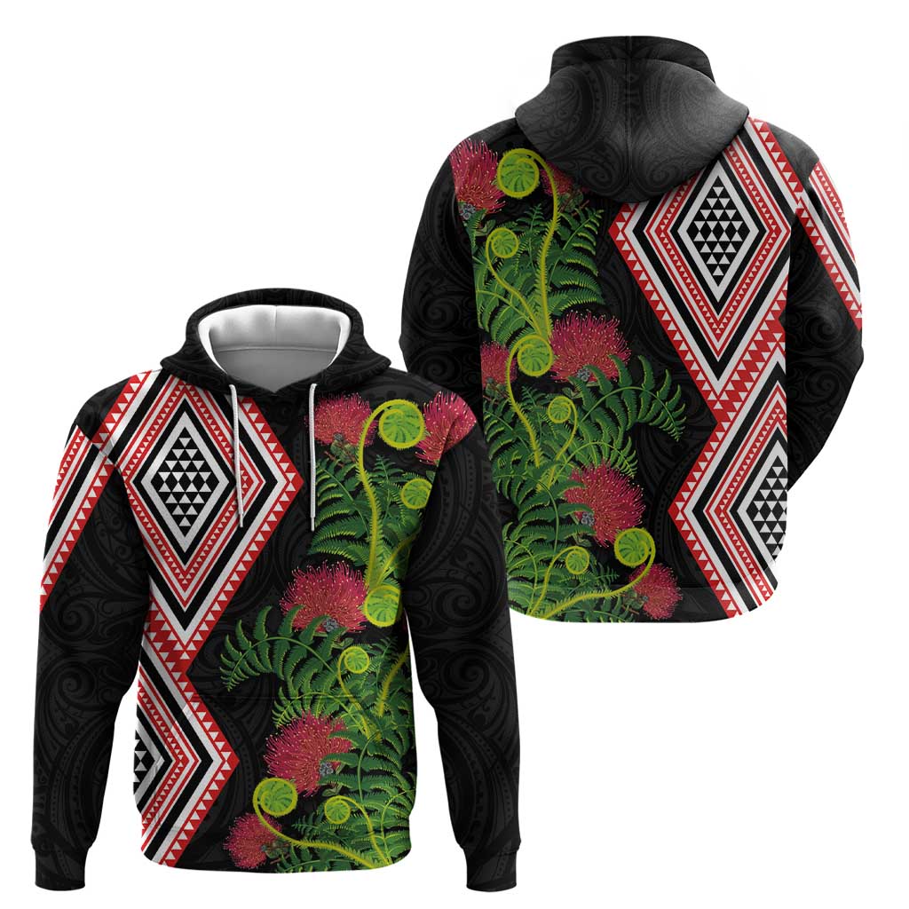 Aotearoa Tukutuku Motif Hoodie Pohutukawa and Fern Leaves LT03 - Polynesian Pride