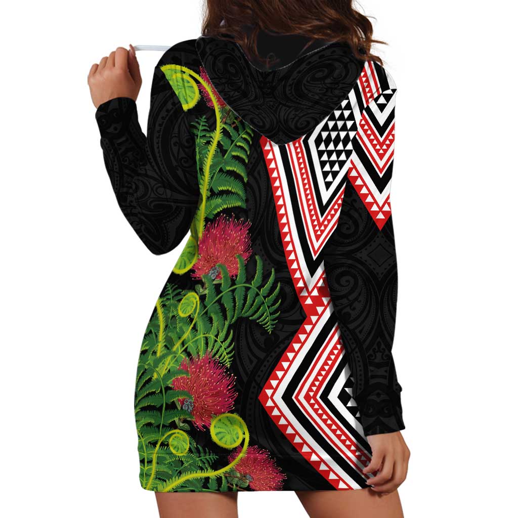 Aotearoa Tukutuku Motif Hoodie Dress Pohutukawa and Fern Leaves LT03 - Polynesian Pride