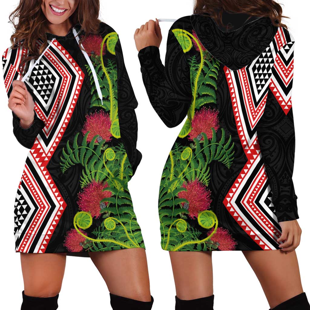 Aotearoa Tukutuku Motif Hoodie Dress Pohutukawa and Fern Leaves LT03 - Polynesian Pride