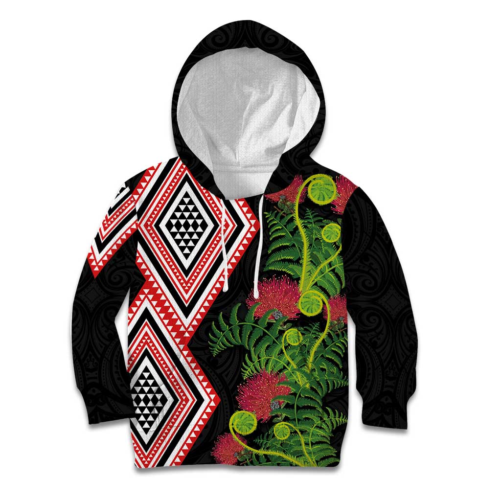 Aotearoa Tukutuku Motif Kid Hoodie Pohutukawa and Fern Leaves LT03 Hoodie Black - Polynesian Pride