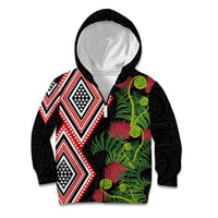 Aotearoa Tukutuku Motif Kid Hoodie Pohutukawa and Fern Leaves LT03 Zip Hoodie Black - Polynesian Pride