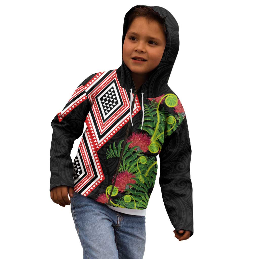 Aotearoa Tukutuku Motif Kid Hoodie Pohutukawa and Fern Leaves LT03 - Polynesian Pride
