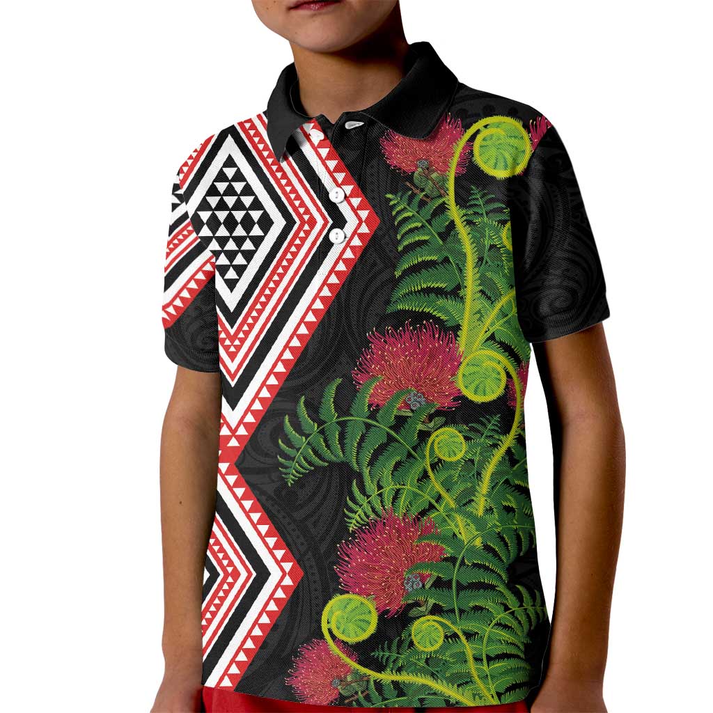 Aotearoa Tukutuku Motif Kid Polo Shirt Pohutukawa and Fern Leaves LT03 Kid Black - Polynesian Pride