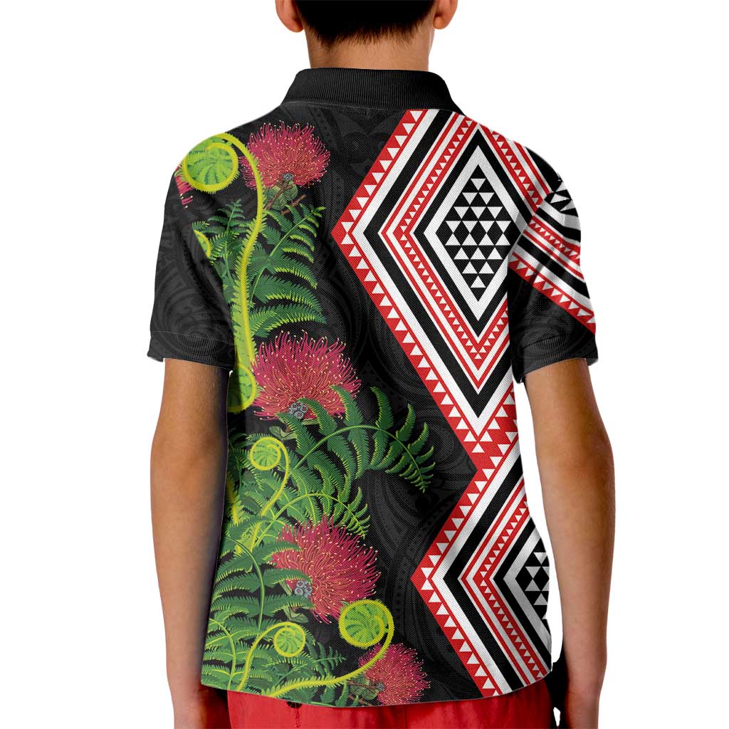 Aotearoa Tukutuku Motif Kid Polo Shirt Pohutukawa and Fern Leaves LT03 - Polynesian Pride