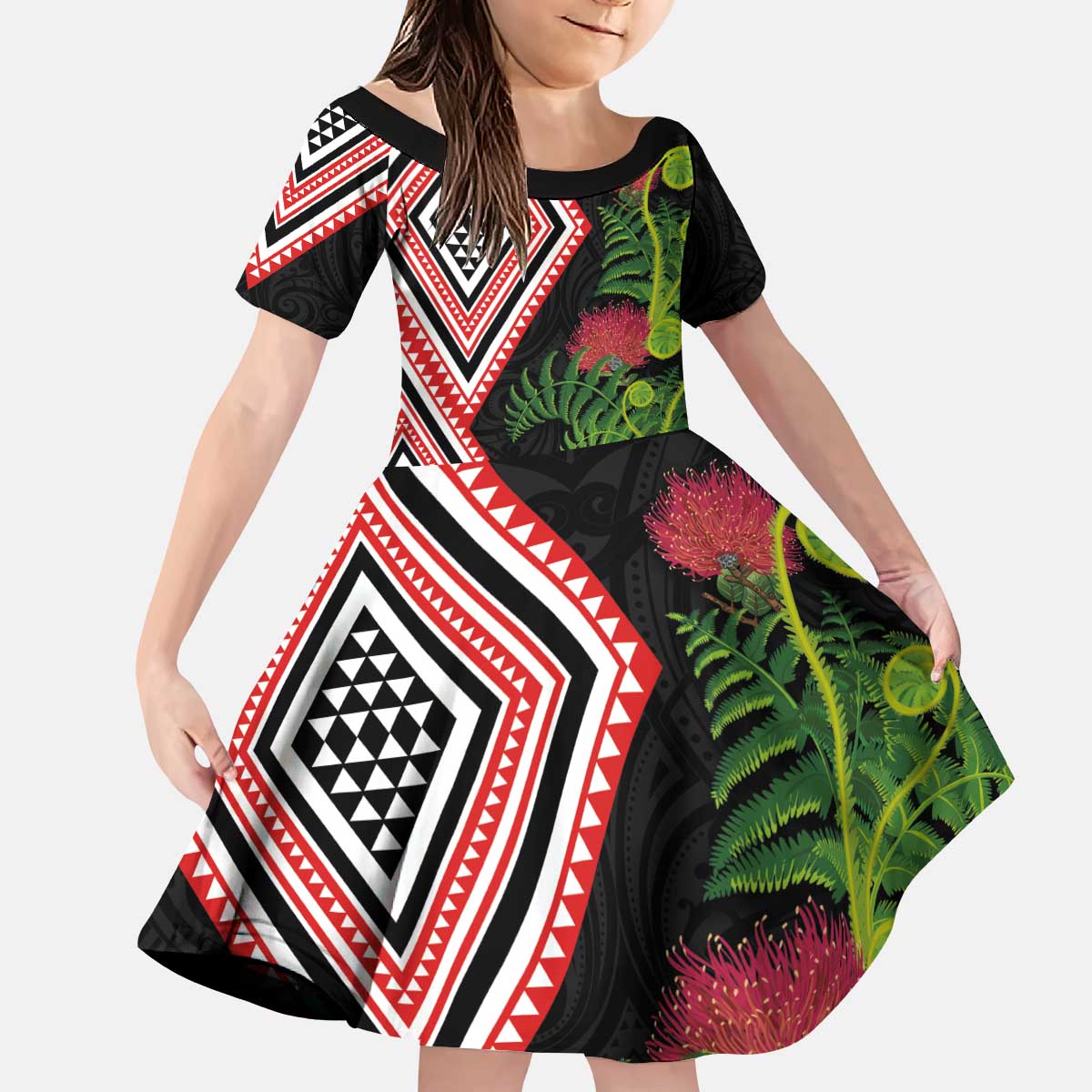 Aotearoa Tukutuku Motif Kid Short Sleeve Dress Pohutukawa and Fern Leaves LT03 KID Black - Polynesian Pride
