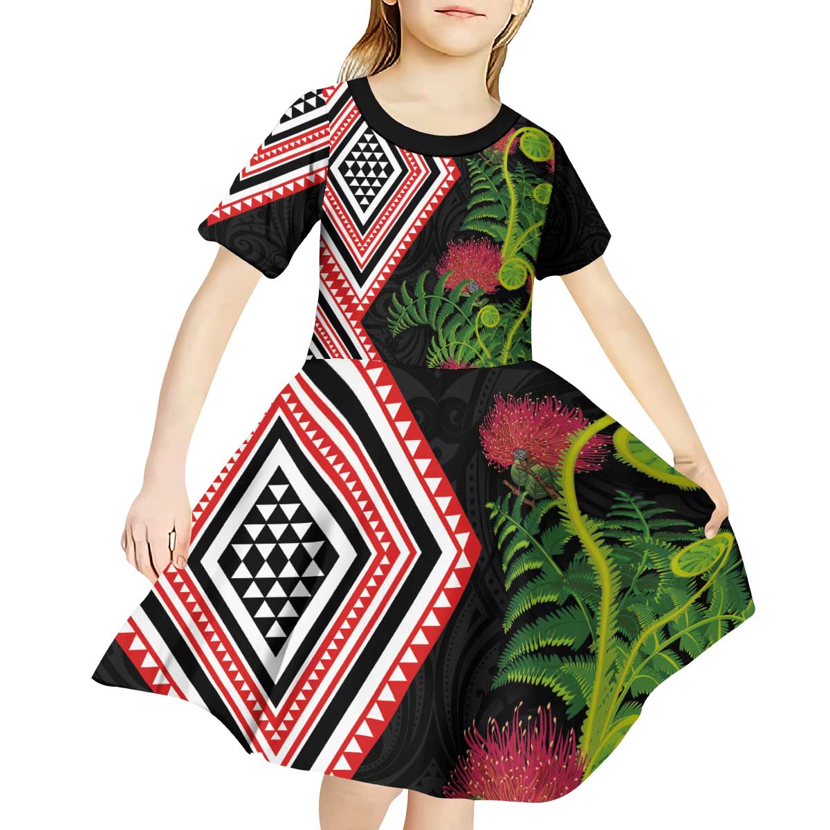 Aotearoa Tukutuku Motif Kid Short Sleeve Dress Pohutukawa and Fern Leaves LT03 - Polynesian Pride