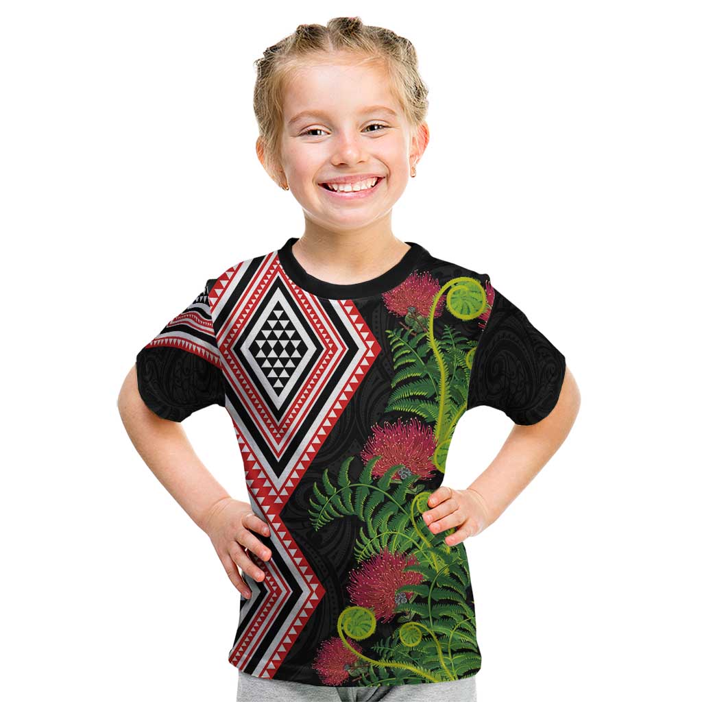 Aotearoa Tukutuku Motif Kid T Shirt Pohutukawa and Fern Leaves LT03 Black - Polynesian Pride