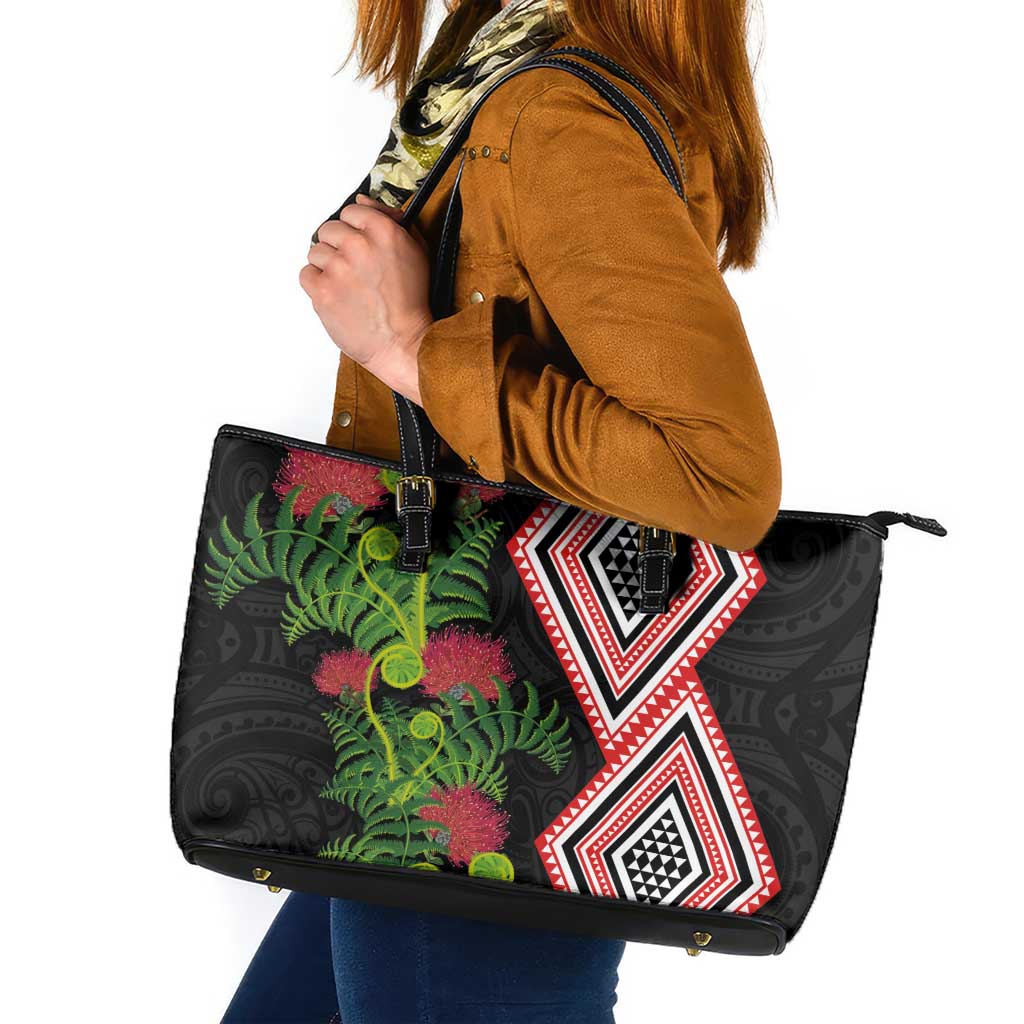 Aotearoa Tukutuku Motif Leather Tote Bag Pohutukawa and Fern Leaves LT03 Black - Polynesian Pride