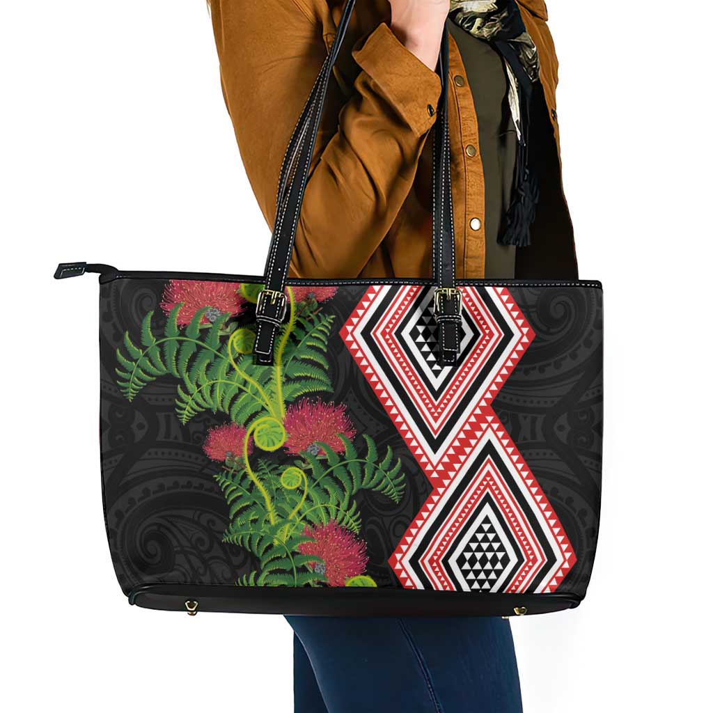 Aotearoa Tukutuku Motif Leather Tote Bag Pohutukawa and Fern Leaves LT03 - Polynesian Pride