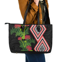 Aotearoa Tukutuku Motif Leather Tote Bag Pohutukawa and Fern Leaves LT03 - Polynesian Pride