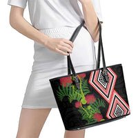 Aotearoa Tukutuku Motif Leather Tote Bag Pohutukawa and Fern Leaves LT03 - Polynesian Pride