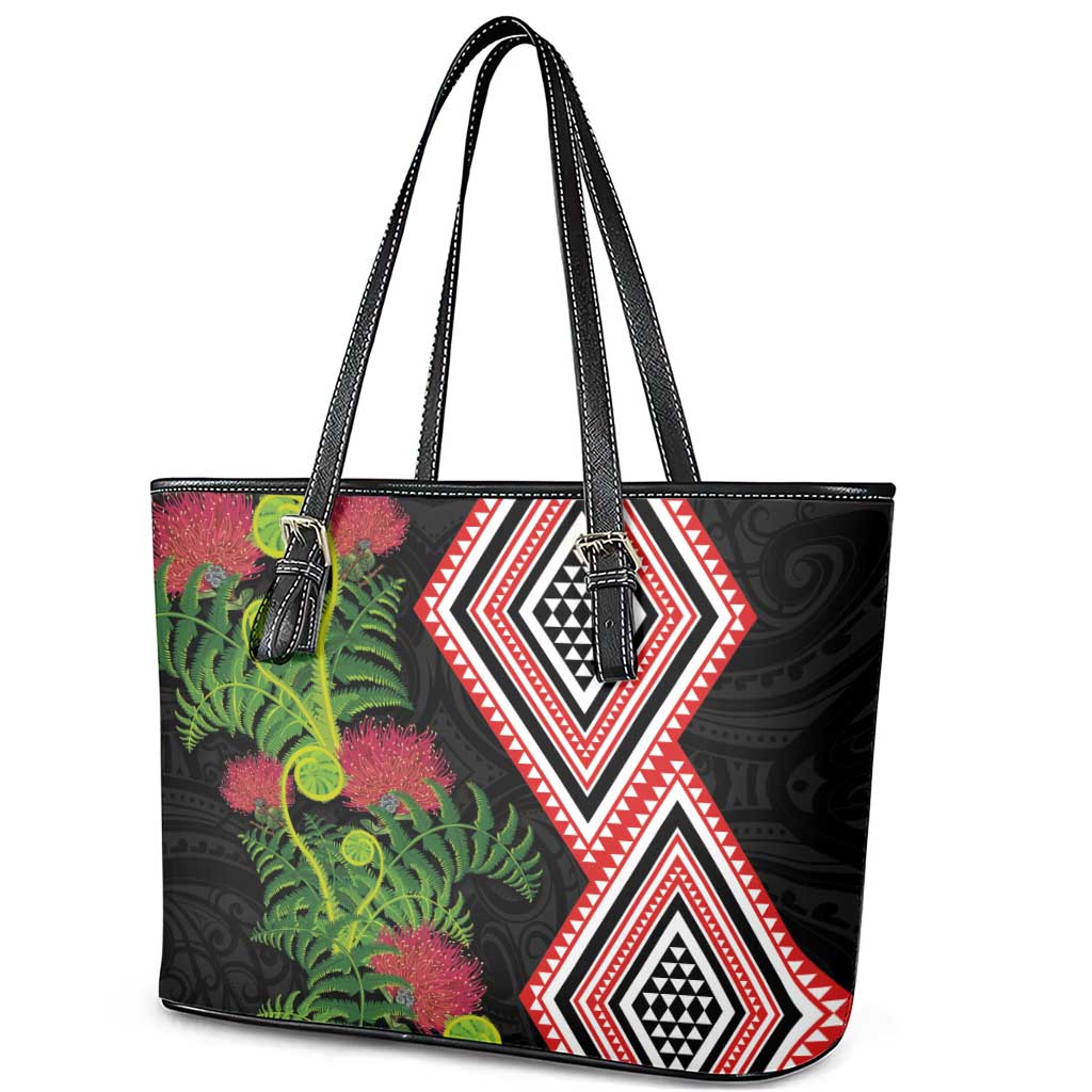 Aotearoa Tukutuku Motif Leather Tote Bag Pohutukawa and Fern Leaves LT03 - Polynesian Pride