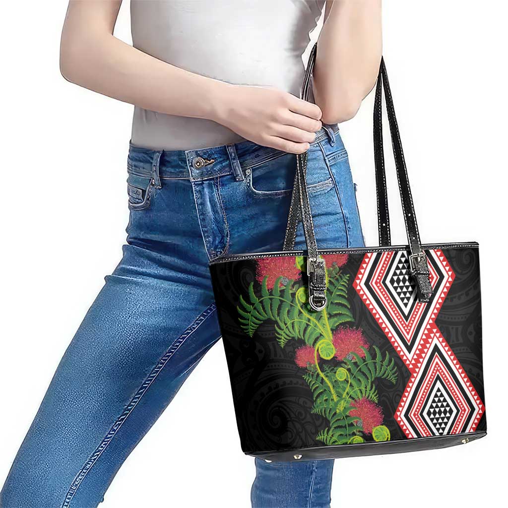 Aotearoa Tukutuku Motif Leather Tote Bag Pohutukawa and Fern Leaves LT03 - Polynesian Pride