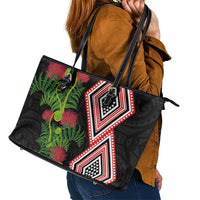 Aotearoa Tukutuku Motif Leather Tote Bag Pohutukawa and Fern Leaves LT03 - Polynesian Pride