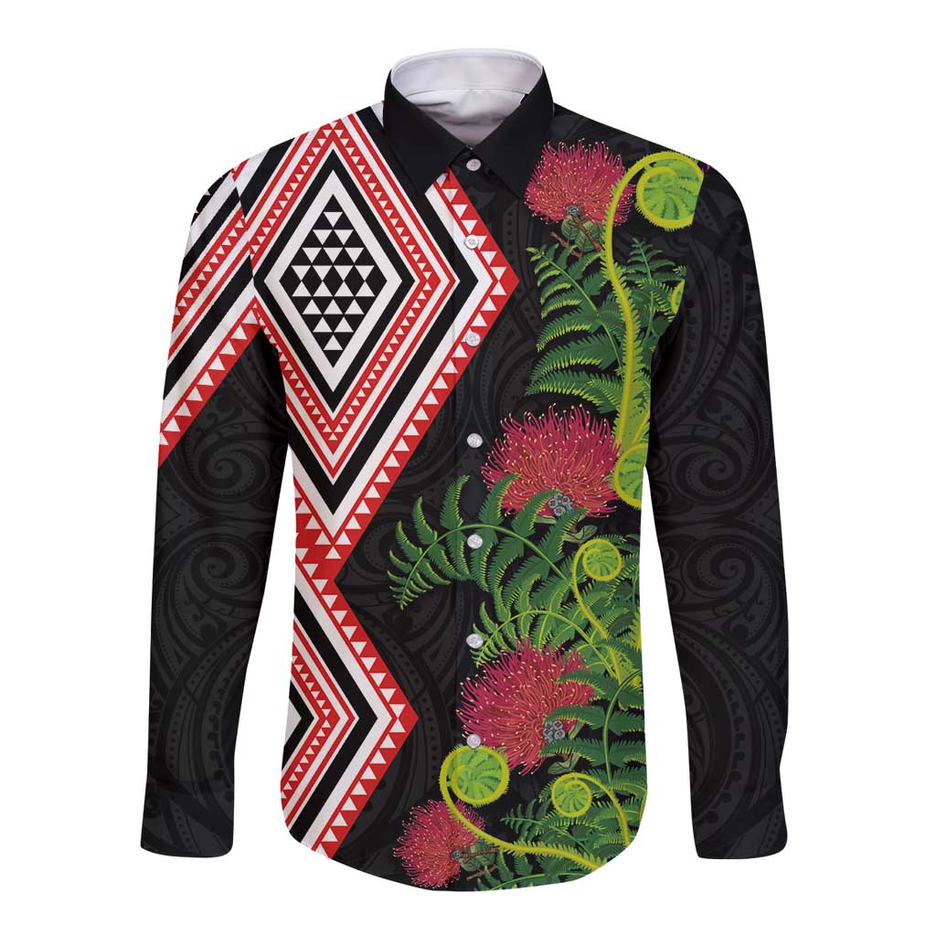 Aotearoa Tukutuku Motif Long Sleeve Button Shirt Pohutukawa and Fern Leaves LT03 Unisex Black - Polynesian Pride