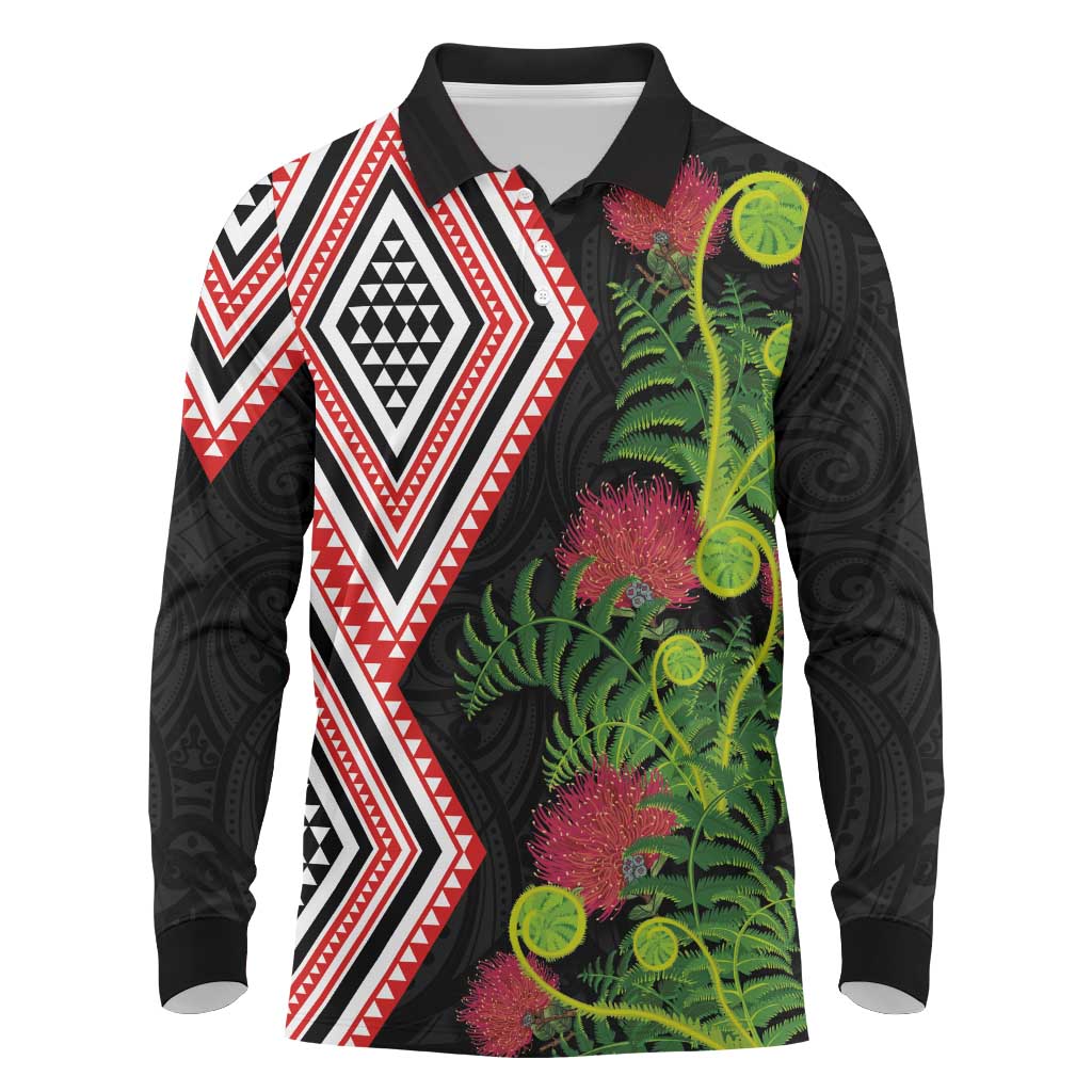 Aotearoa Tukutuku Motif Long Sleeve Polo Shirt Pohutukawa and Fern Leaves LT03 Black - Polynesian Pride