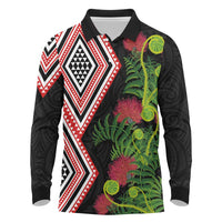 Aotearoa Tukutuku Motif Long Sleeve Polo Shirt Pohutukawa and Fern Leaves LT03 Black - Polynesian Pride