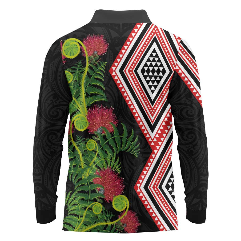 Aotearoa Tukutuku Motif Long Sleeve Polo Shirt Pohutukawa and Fern Leaves LT03 - Polynesian Pride