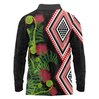 Aotearoa Tukutuku Motif Long Sleeve Polo Shirt Pohutukawa and Fern Leaves LT03 - Polynesian Pride