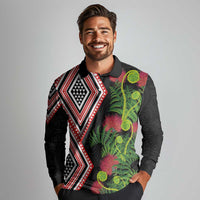 Aotearoa Tukutuku Motif Long Sleeve Polo Shirt Pohutukawa and Fern Leaves LT03 - Polynesian Pride