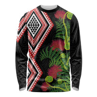 Aotearoa Tukutuku Motif Long Sleeve Shirt Pohutukawa and Fern Leaves LT03 Unisex Black - Polynesian Pride