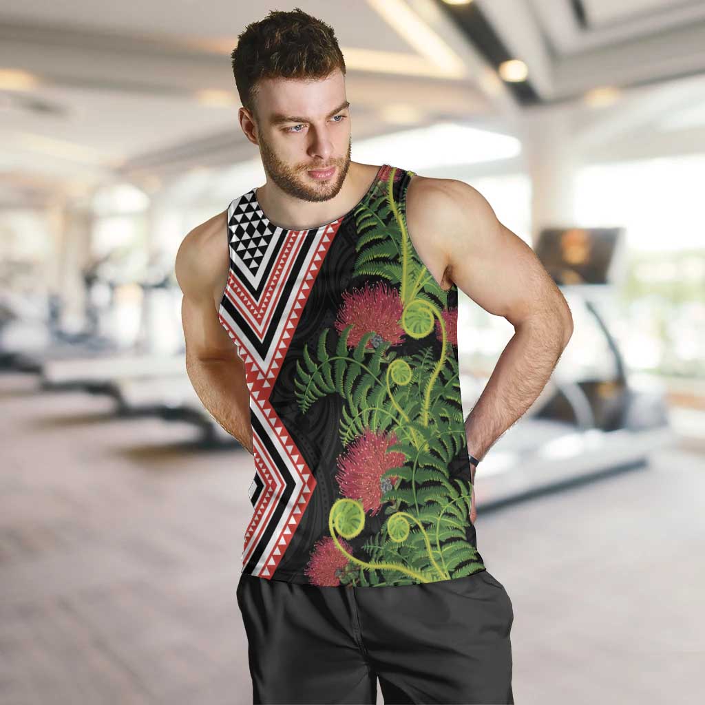 Aotearoa Tukutuku Motif Men Tank Top Pohutukawa and Fern Leaves LT03 Black - Polynesian Pride
