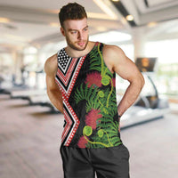Aotearoa Tukutuku Motif Men Tank Top Pohutukawa and Fern Leaves LT03 Black - Polynesian Pride
