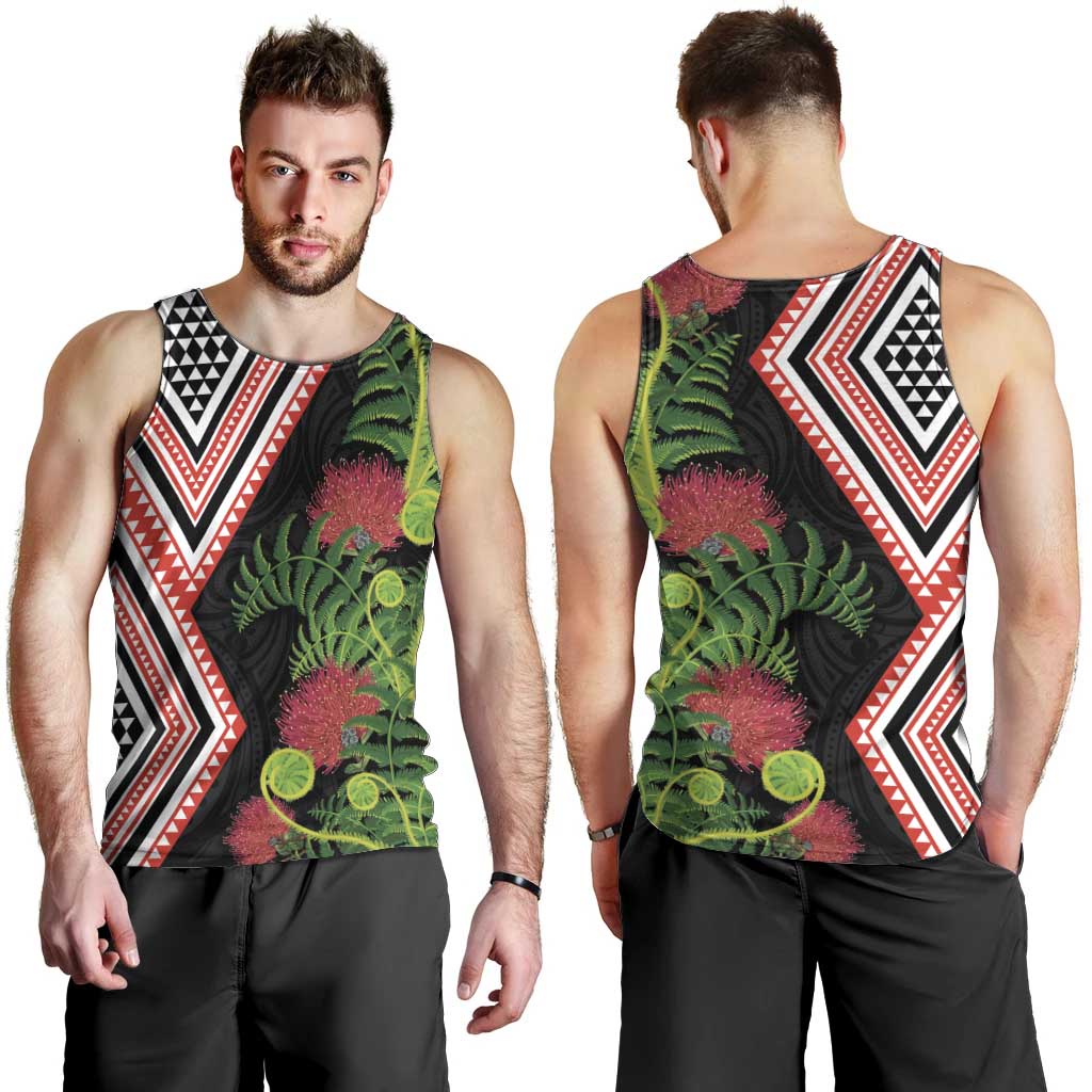 Aotearoa Tukutuku Motif Men Tank Top Pohutukawa and Fern Leaves LT03 - Polynesian Pride