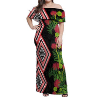 Aotearoa Tukutuku Motif Off Shoulder Maxi Dress Pohutukawa and Fern Leaves LT03 Women Black - Polynesian Pride