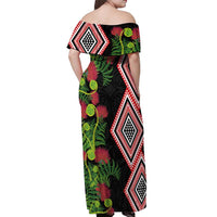 Aotearoa Tukutuku Motif Off Shoulder Maxi Dress Pohutukawa and Fern Leaves LT03 - Polynesian Pride