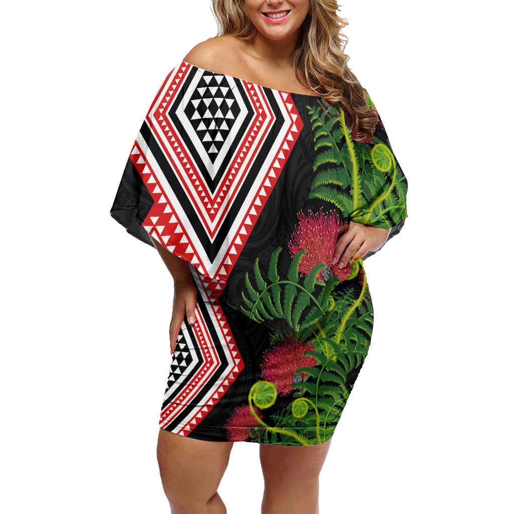 Aotearoa Tukutuku Motif Off Shoulder Short Dress Pohutukawa and Fern Leaves LT03 Women Black - Polynesian Pride