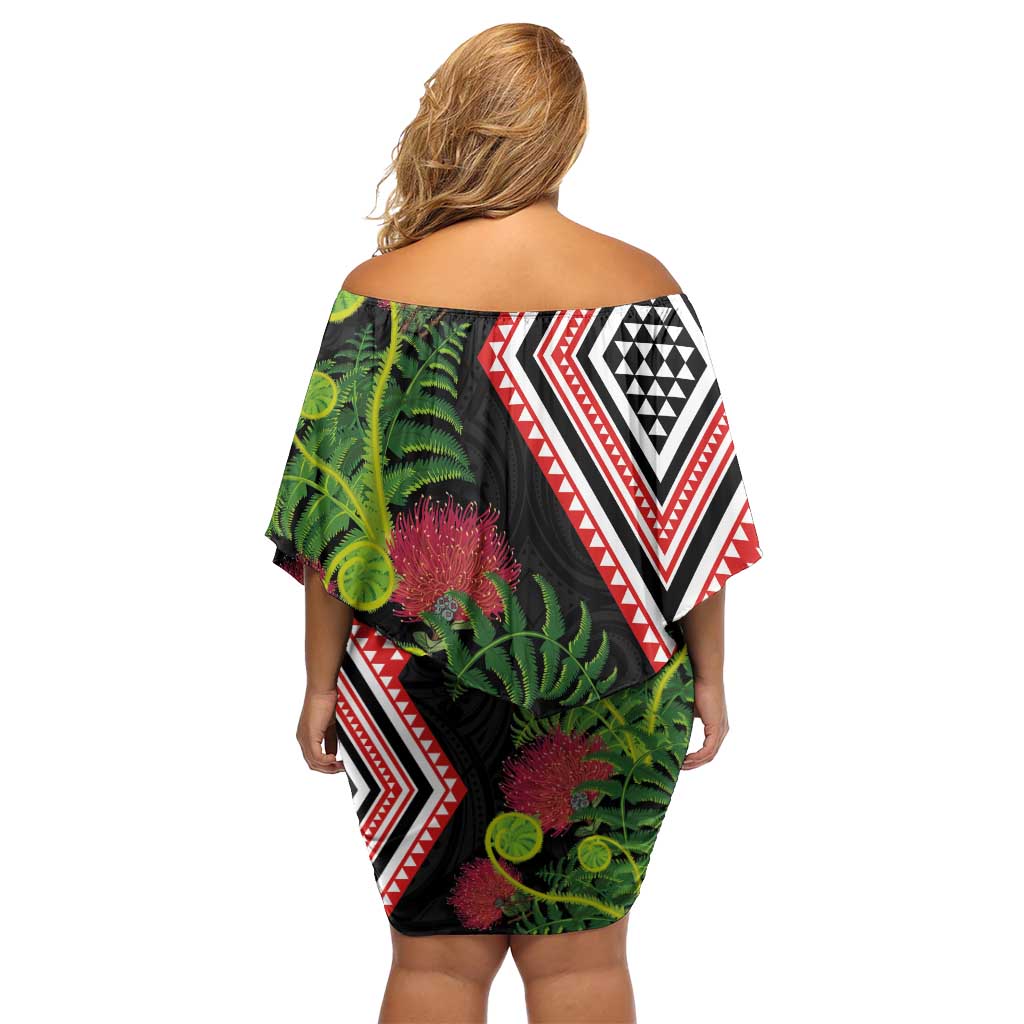 Aotearoa Tukutuku Motif Off Shoulder Short Dress Pohutukawa and Fern Leaves LT03 - Polynesian Pride