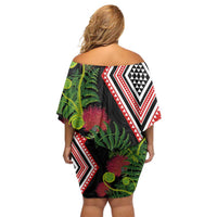 Aotearoa Tukutuku Motif Off Shoulder Short Dress Pohutukawa and Fern Leaves LT03 - Polynesian Pride
