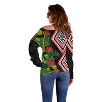 Aotearoa Tukutuku Motif Off Shoulder Sweater Pohutukawa and Fern Leaves LT03 - Polynesian Pride
