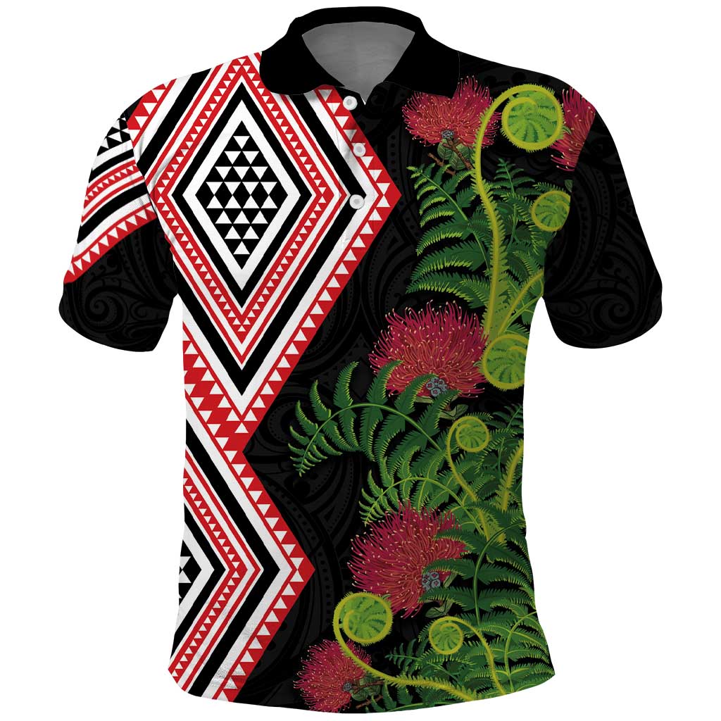 Aotearoa Tukutuku Motif Polo Shirt Pohutukawa and Fern Leaves LT03 Black - Polynesian Pride