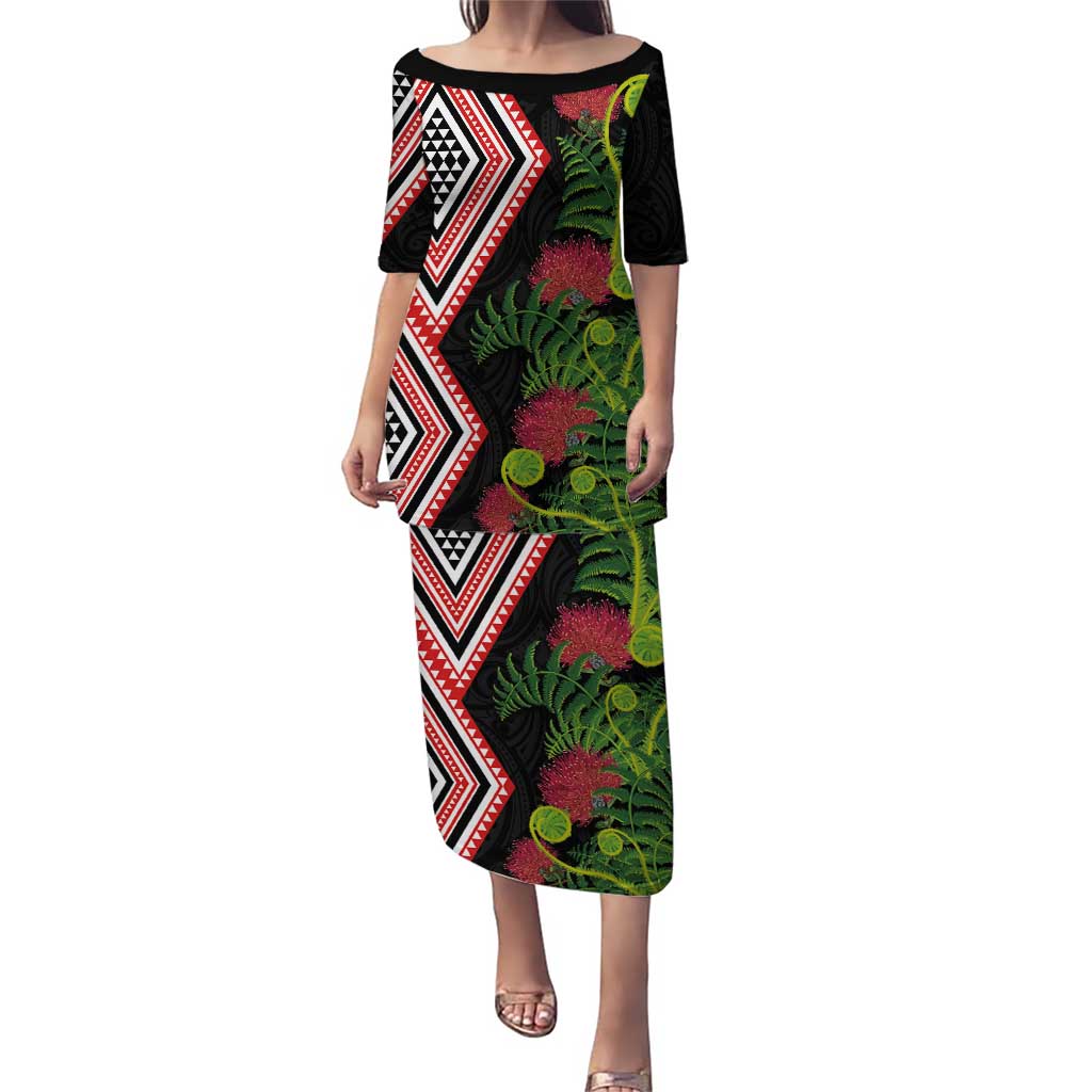 Aotearoa Tukutuku Motif Puletasi Pohutukawa and Fern Leaves LT03 Long Dress Black - Polynesian Pride