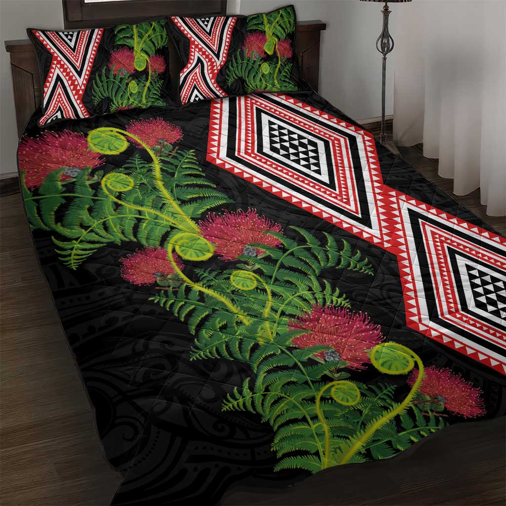 Aotearoa Tukutuku Motif Quilt Bed Set Pohutukawa and Fern Leaves LT03 Black - Polynesian Pride